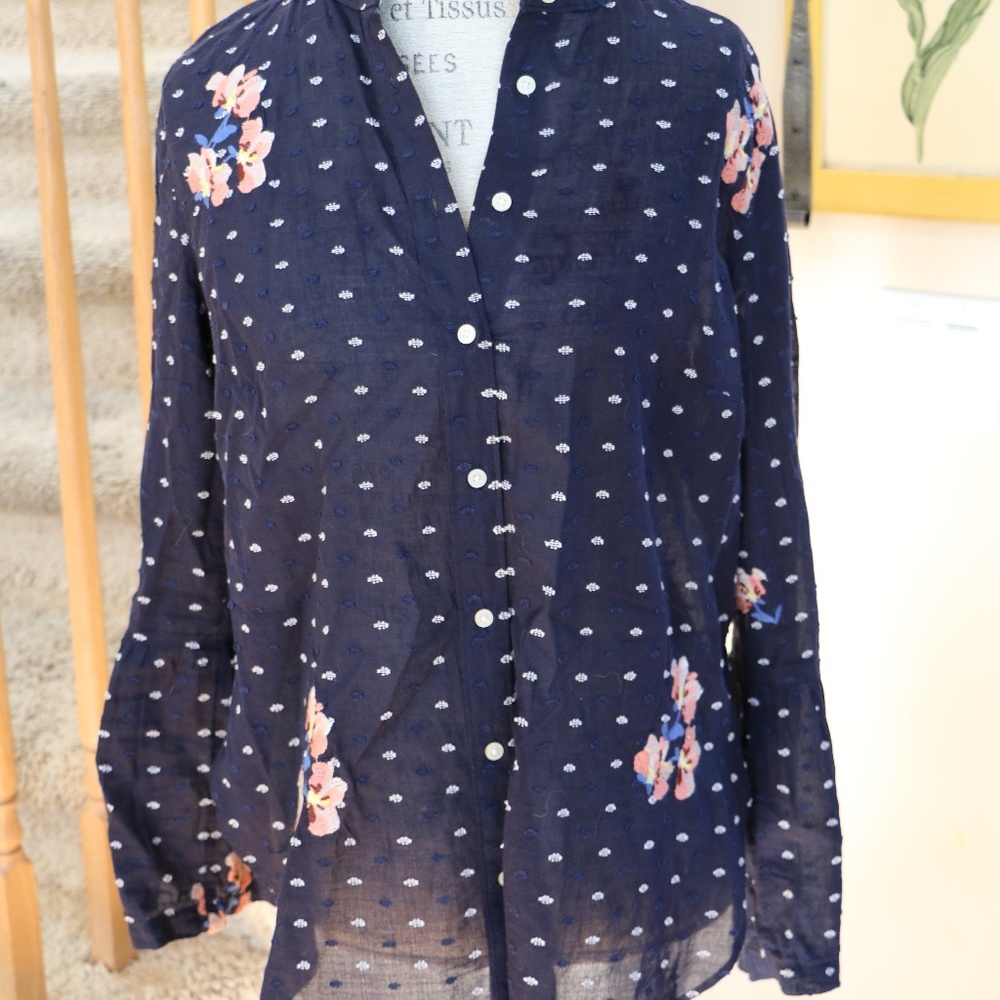 Ann Taylor Navy Blue sheer blouse with Flowers